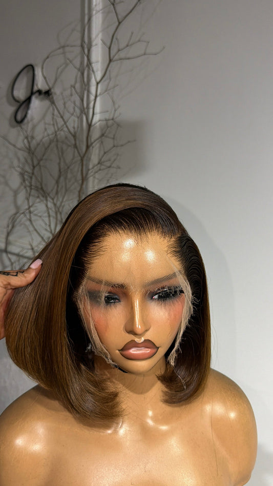 Brown Mix Bob raw human hair wig with a 9x6 HD lace closure, 10–12-inch bob length and natural finish, front view.