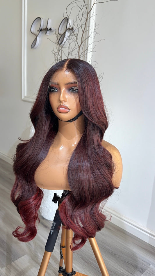 Cherry Rush Burgundy raw human hair body wave lace front wig with a 24-inch length, front view.