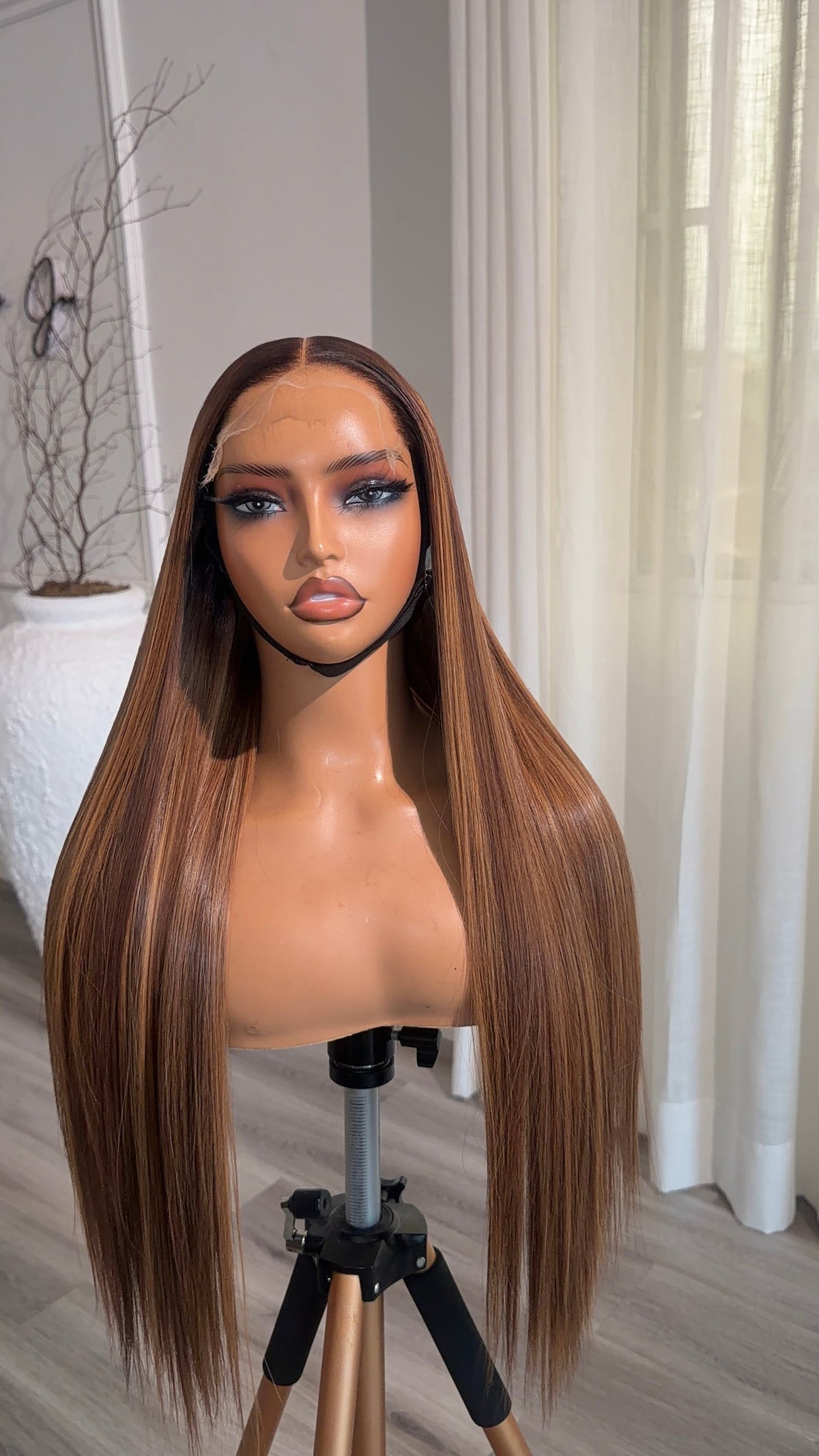 Honey Chestnut human hair wig with a 6x6 HD lace closure, 22-inch length and warm chestnut brown tones.